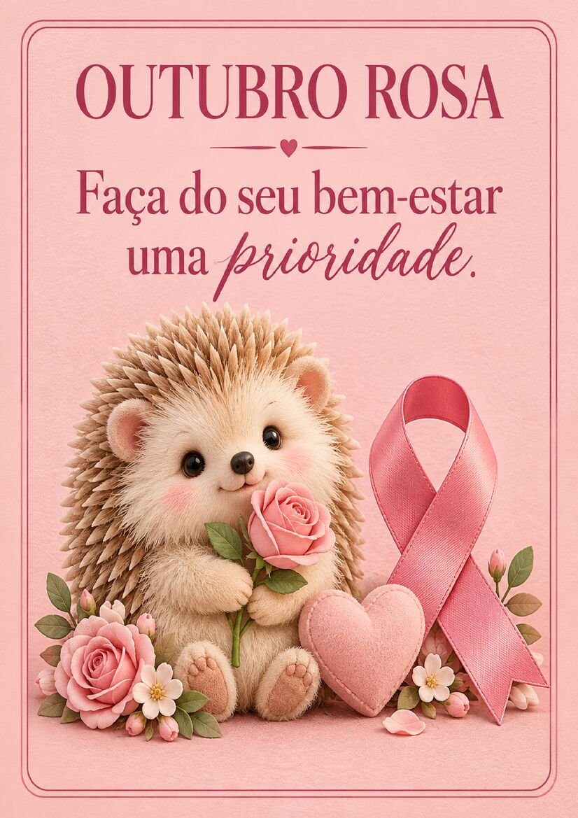 Imagem Outubro Rosa com ouriço fofo segurando rosa, coração e fita rosa, acompanhada de frase sobre bem-estar